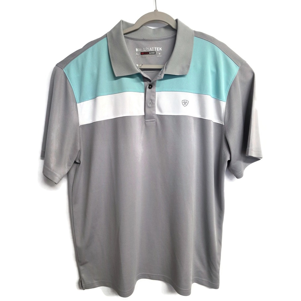 Ariat Men XL AriatTek Heat Series Polo Shirt Grey Teal Colorblock Performance